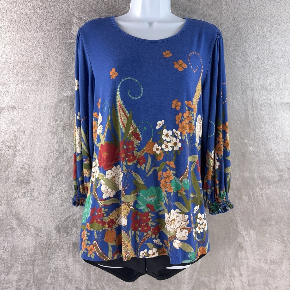 JOHNNY WAS Tee Bee Blouse Womens Size Medium Blue Floral Boho Smocked